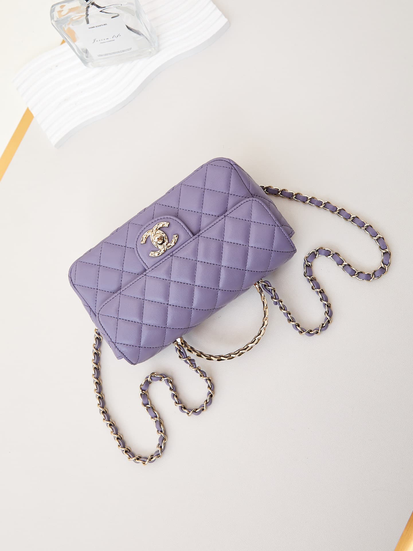 Chanel Mini Flap Bag with Top Handle Lambskin& Gold-Tone Metal Purple AS4924 A