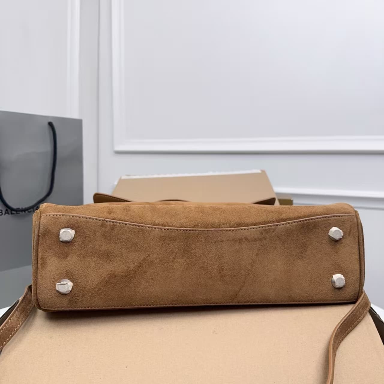 Balenciaga Rodeo Medium Bag in Camel Waxed Suede Calfskin With Silver-Tone Metal High