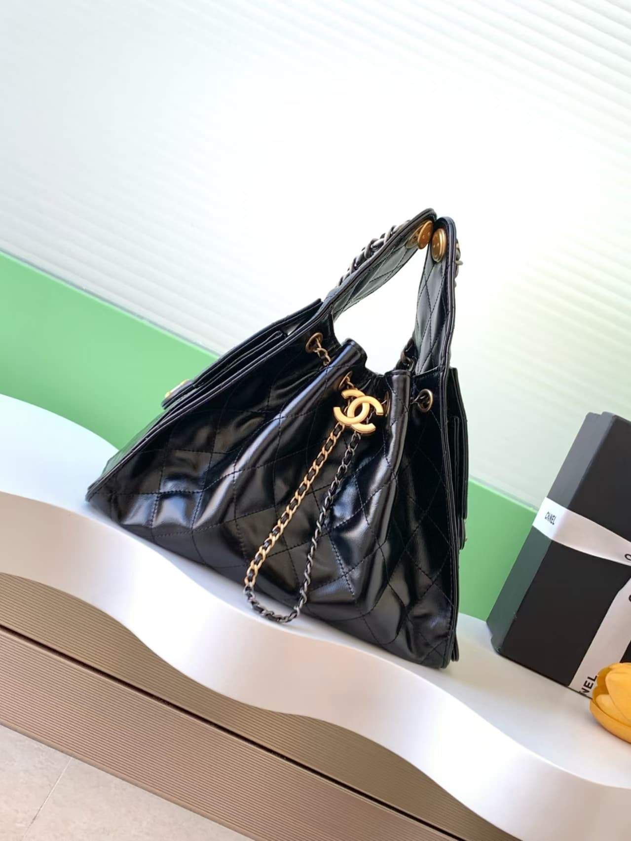 Chanel 25 Small Hobo handbag AS5293 Shiny calfskin Gold&Silver-tone metal Black A