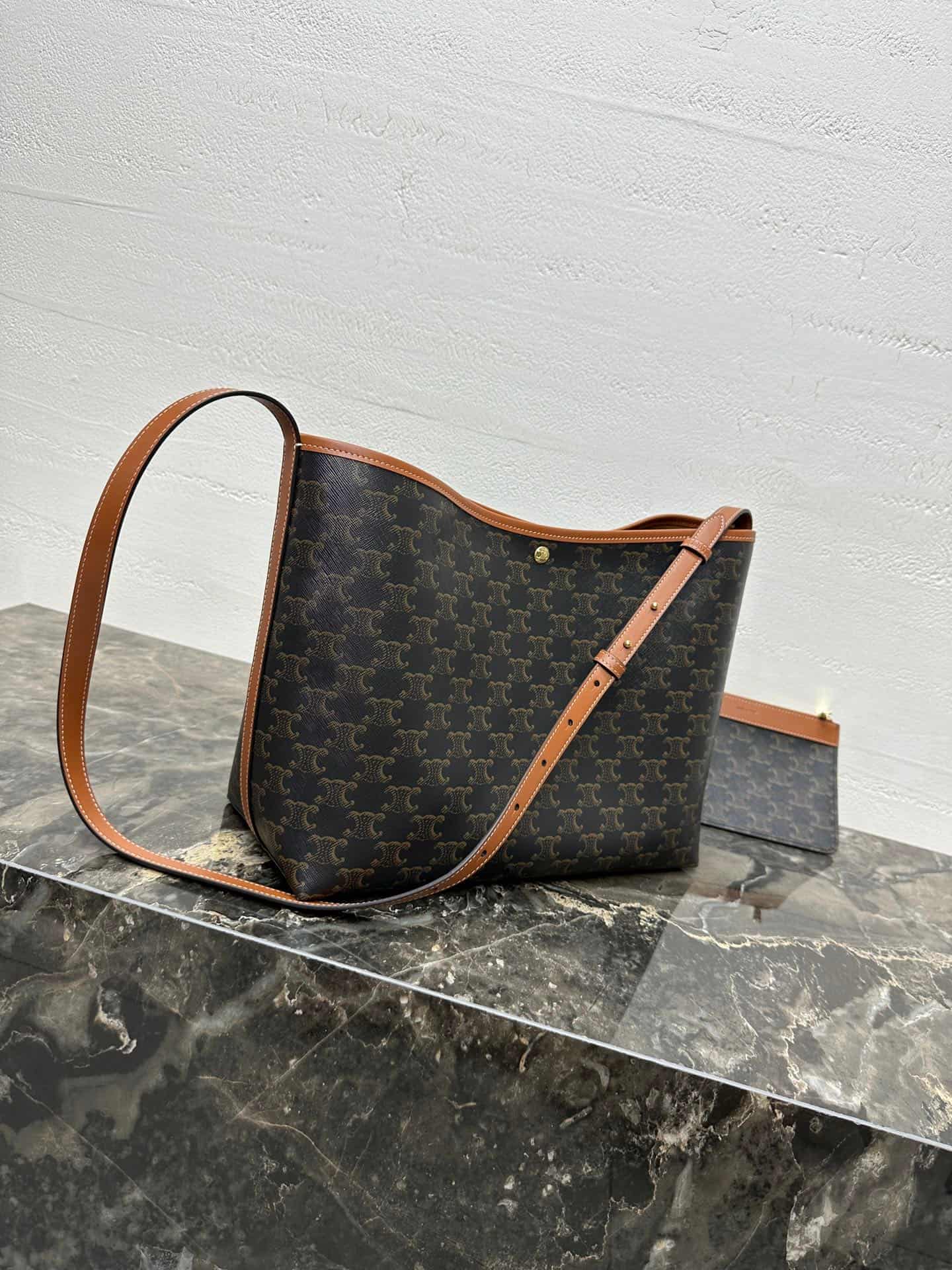 Celine SOFT SHOPPER BAG IN Triomphe Canvas and Calfskin  123912 TAN High
