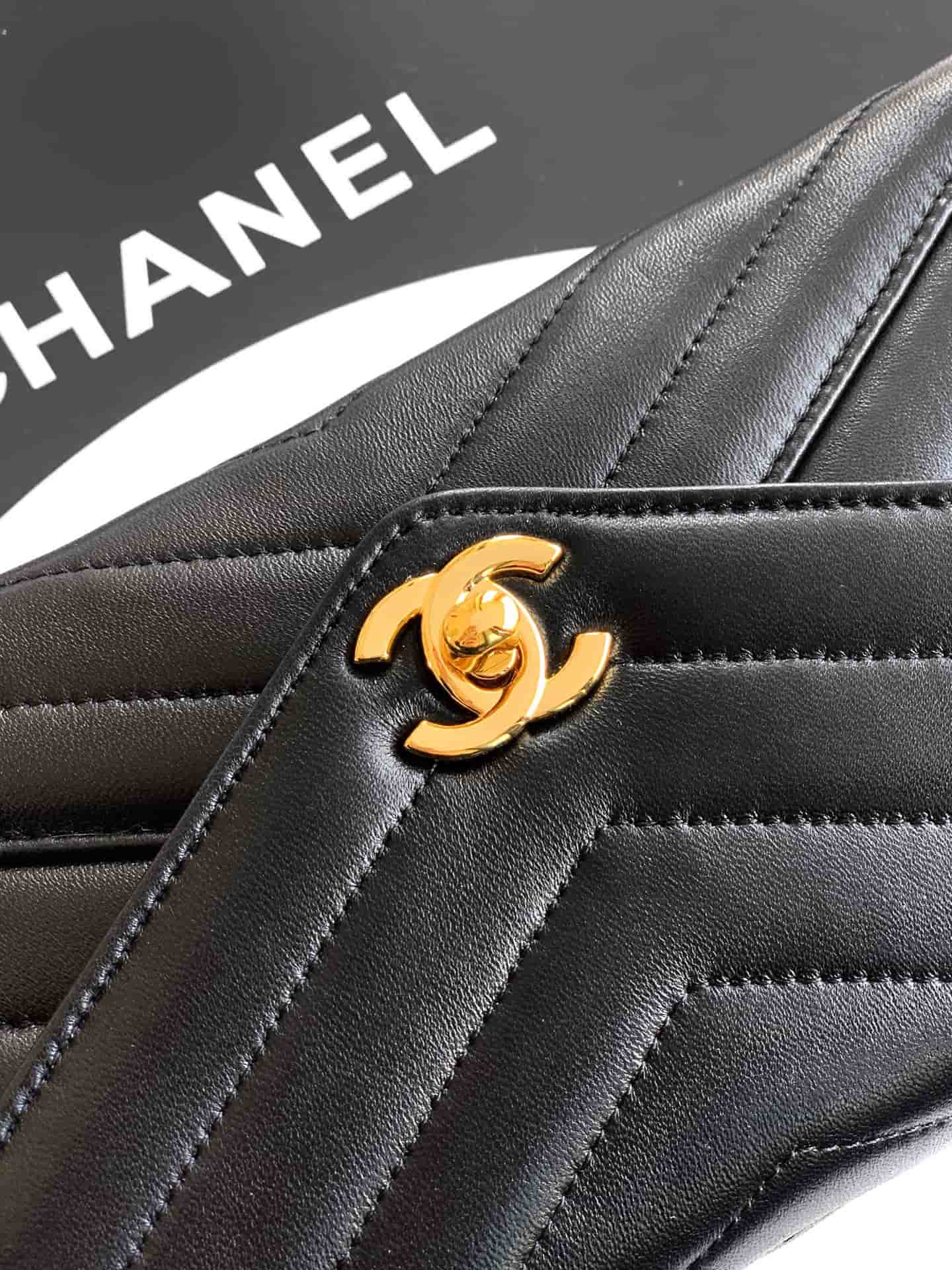 Chanel Flap Bag with Top Handle Chevron Lambskin& Gold-Tone Metal Black AS6044 A