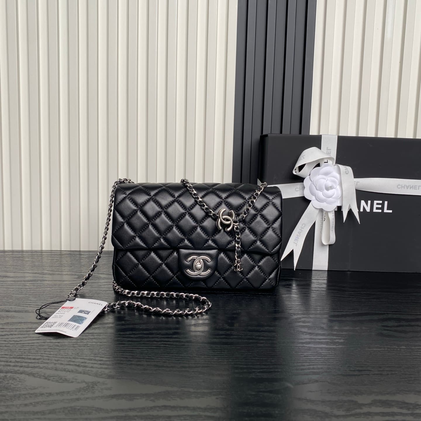 Chanel Classic Flap Bag Lambskin & Silver-Tone Metal AS5756 Black High