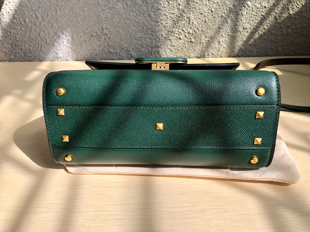 Valentino Small Vsling Handbag In Dark Green Grainy Calfskin High