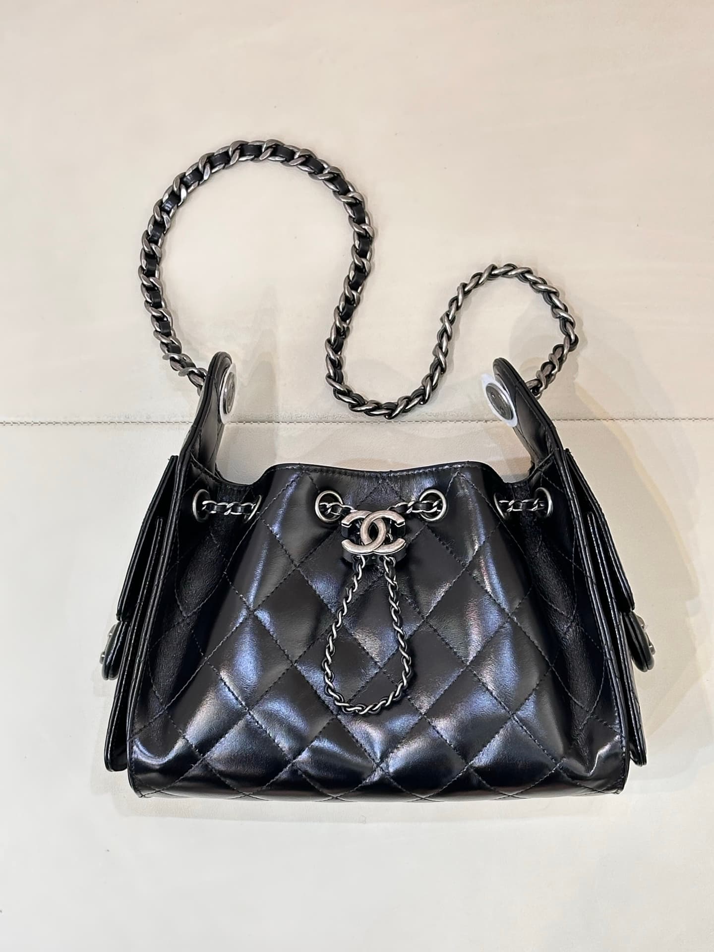 CHANEL 25 Mini Handbag AS5631 Shiny Calfskin & Silver-tone Metal Black TOP
