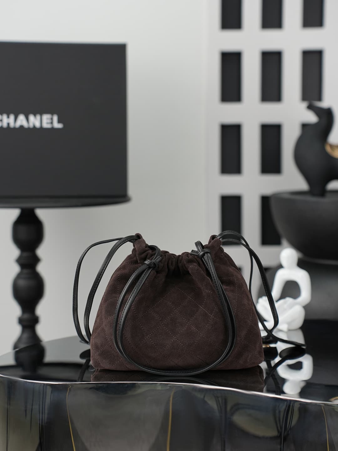 Chanel Clutch with Leather Strap Dark Brown quilted suede & Gold-tone Metal AP5228 A