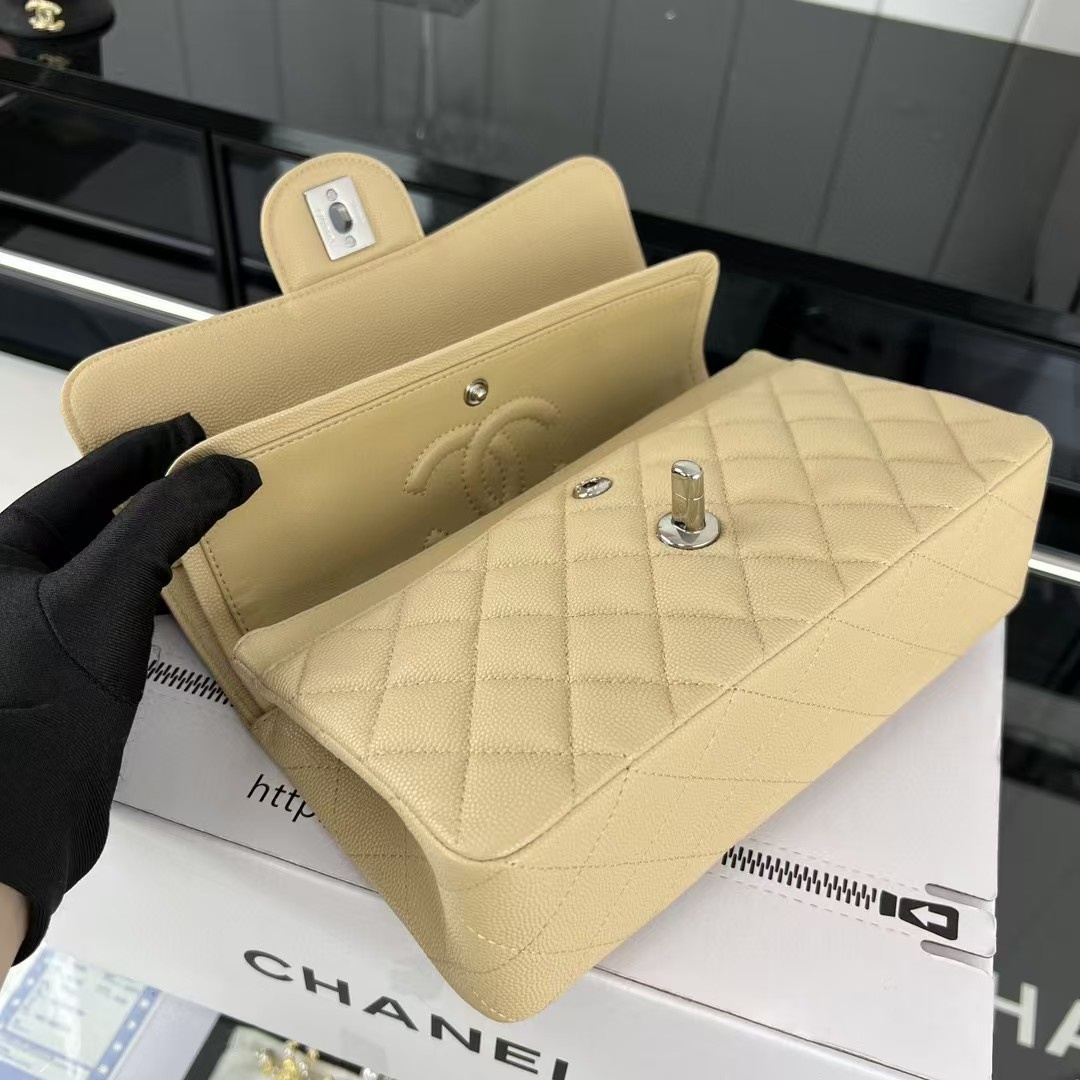 Small CLASSIC HANDBAG Grained Calfskin Sliver Metal Beige-E A