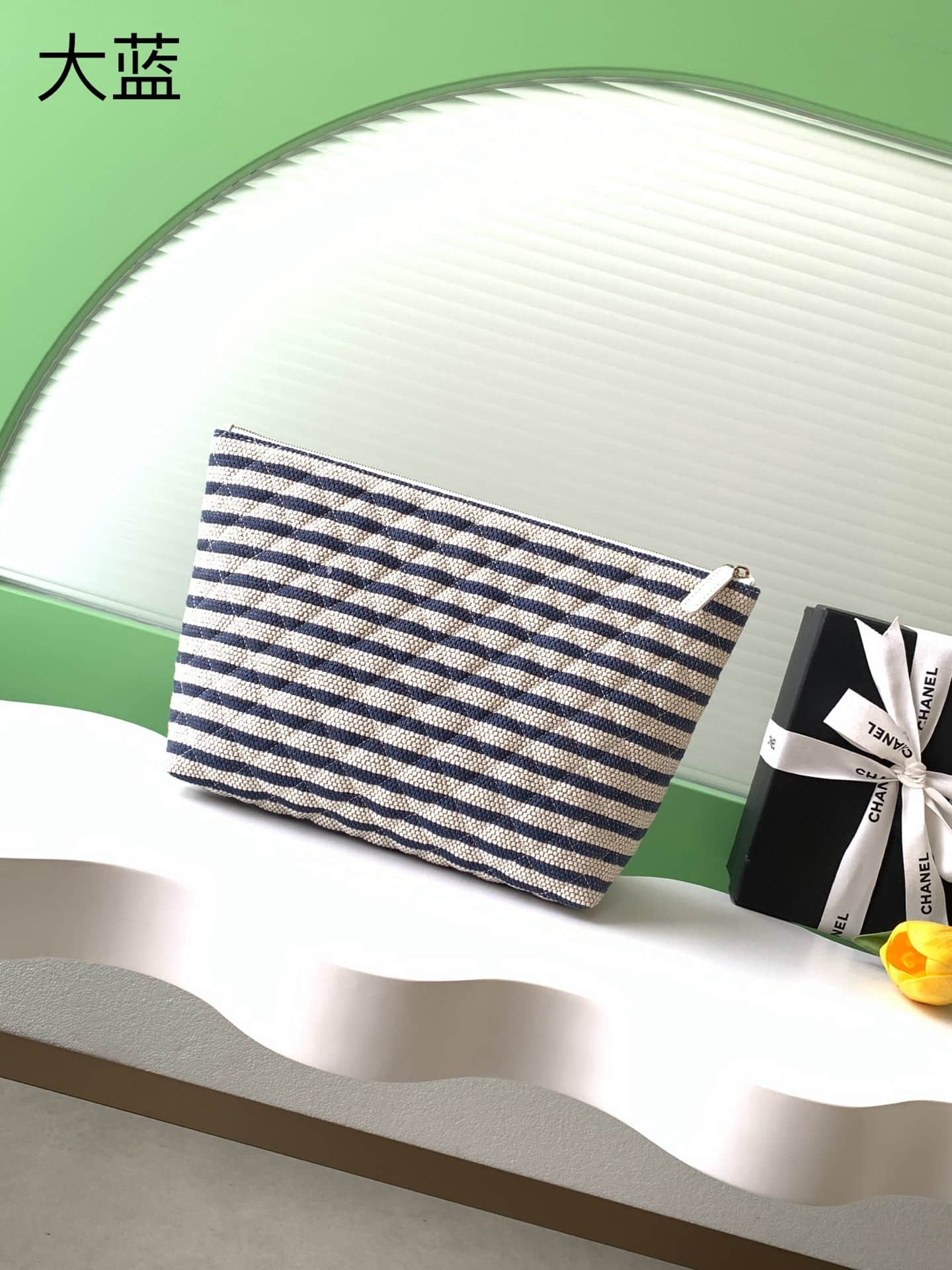 Chanel Zipped Case Printed Fabric & Gold-Tone Metal Blue & White AS4988 A