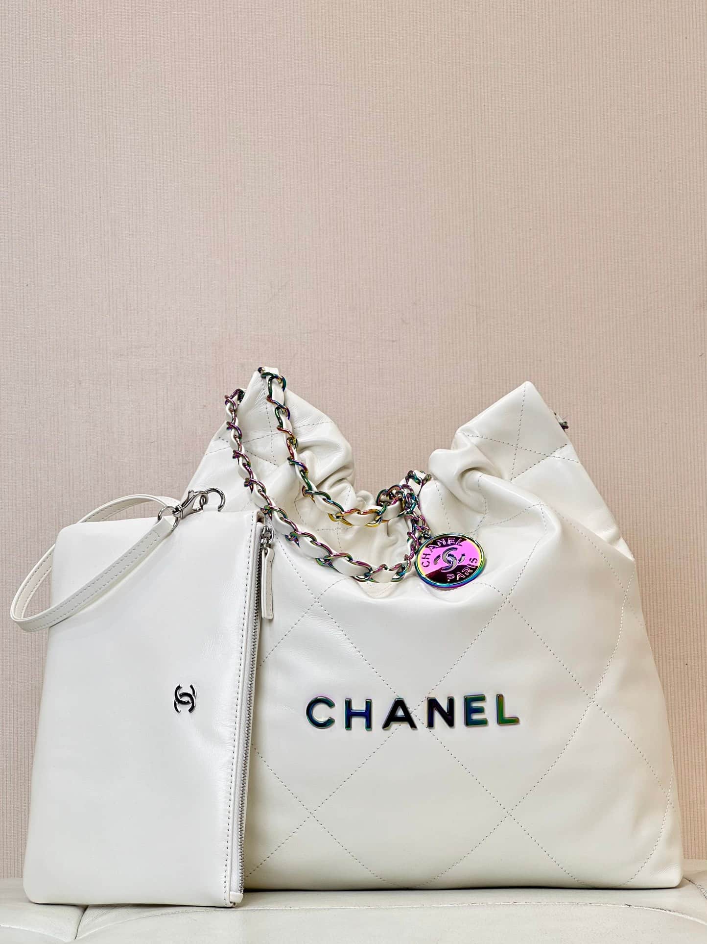 Chanel 22 Small handbag Shiny calfskin & rainbow metal AS3260 White TOP
