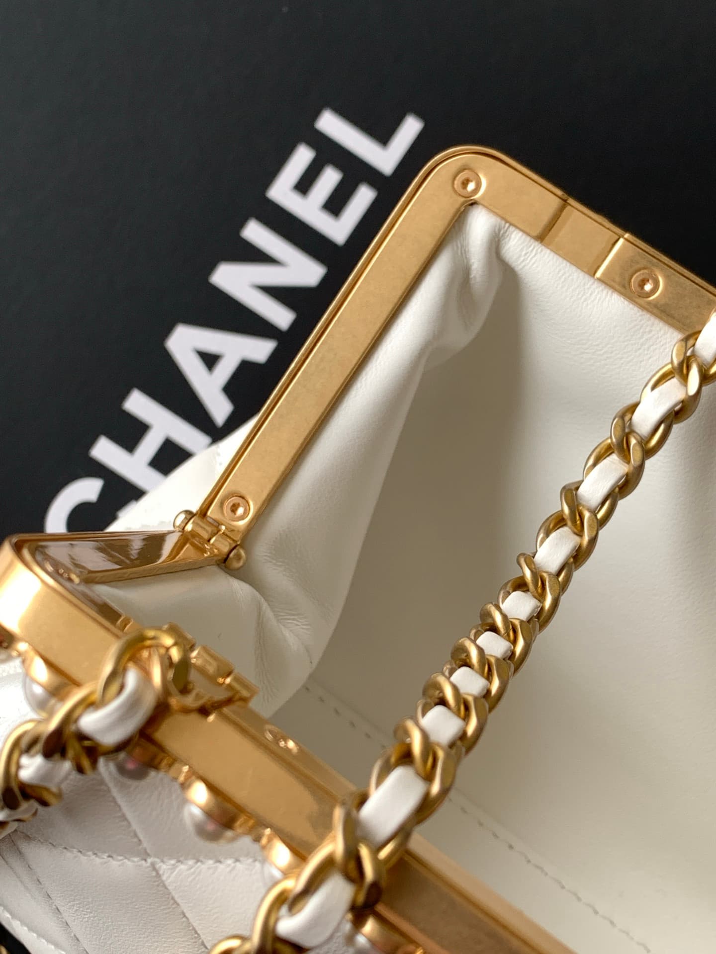 Chanel Pearly Lambskin Imitation Pearls & Gold-Tone Metal White AS5912 A