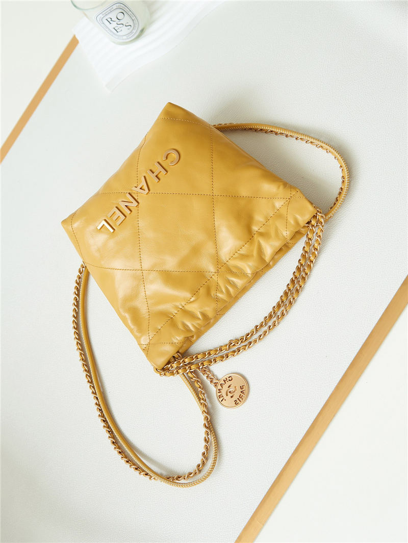 Chanel 22 MINI HANDBAG Shiny Calfskin Camel & Gold-Tone Metal AS3980 A