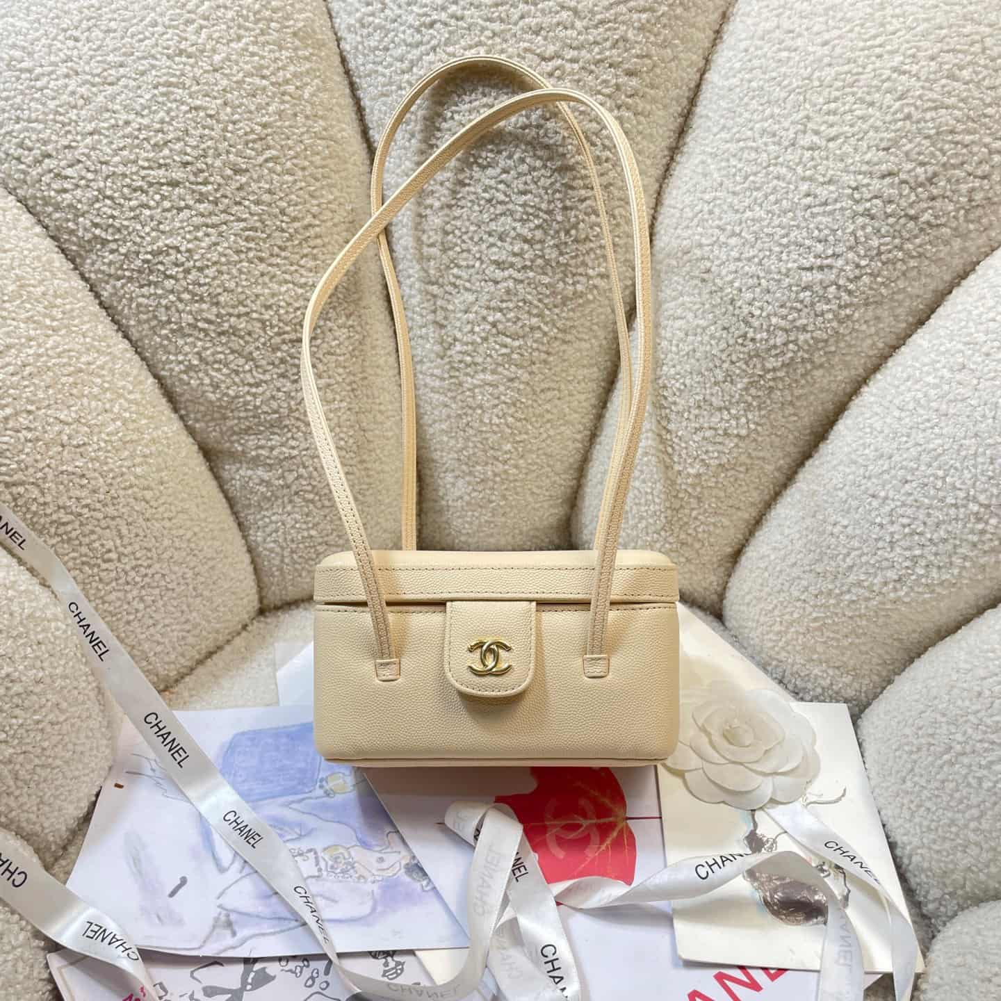 Chanel Long Vanity with Leather Strap Grained Shiny Calfskin & Gold-Tone Metal Beige AP5067 A