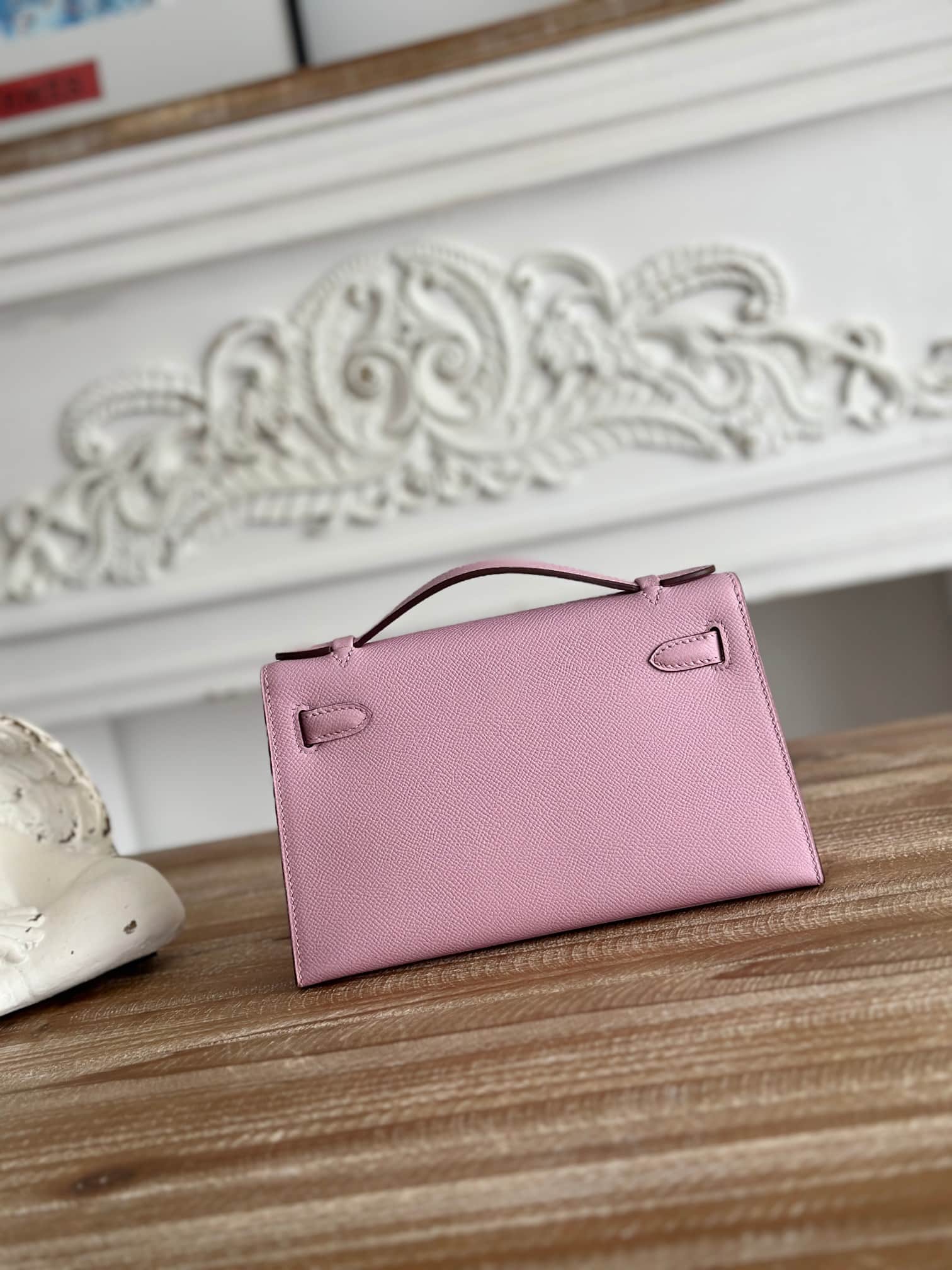 Hermes Kelly Pochette Bag Epsom Leather Silver/Gold Metal Mauve Sylvestre WAX High