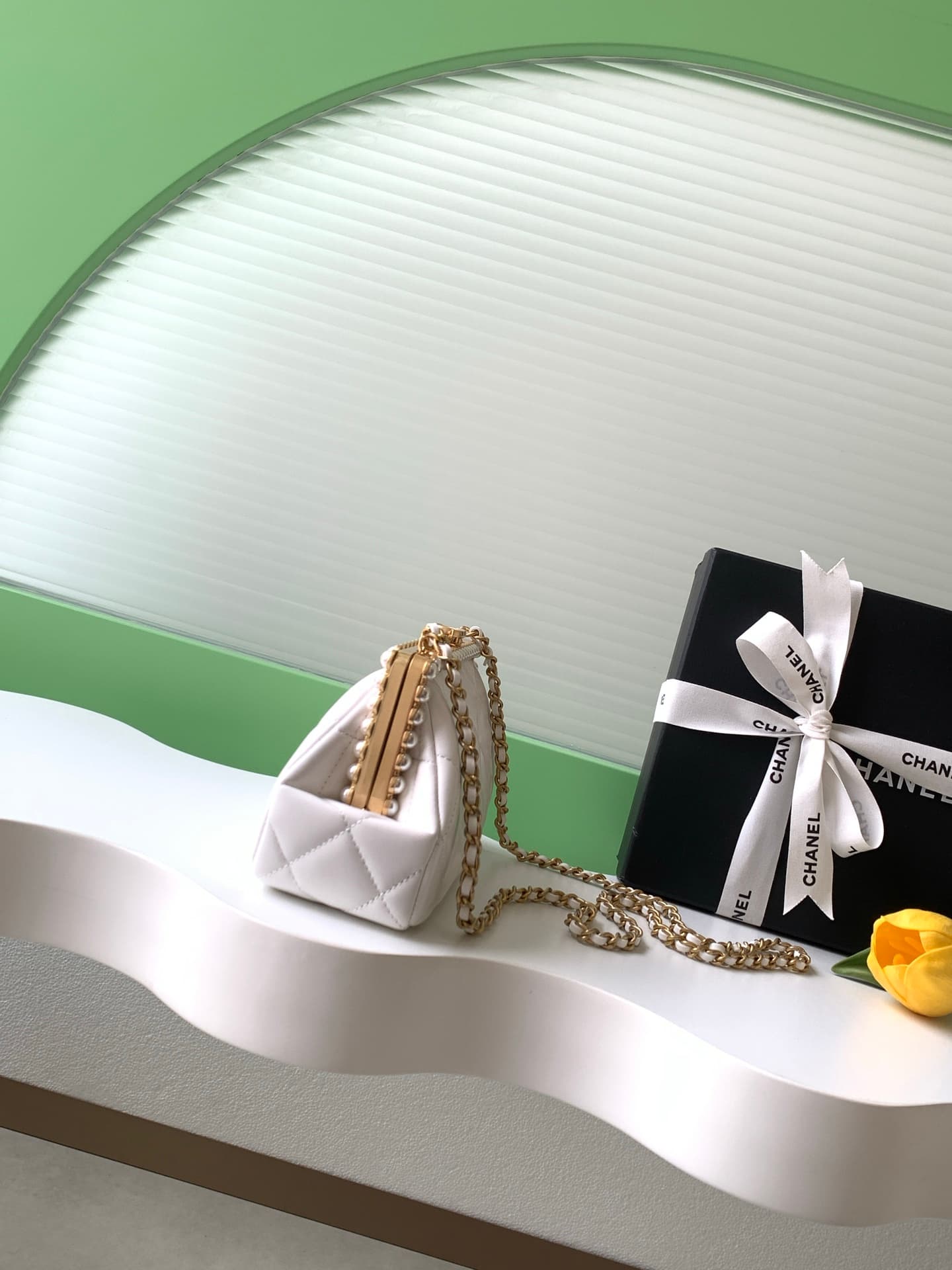 Chanel Pearly Lambskin Imitation Pearls & Gold-Tone Metal White AS5912 A