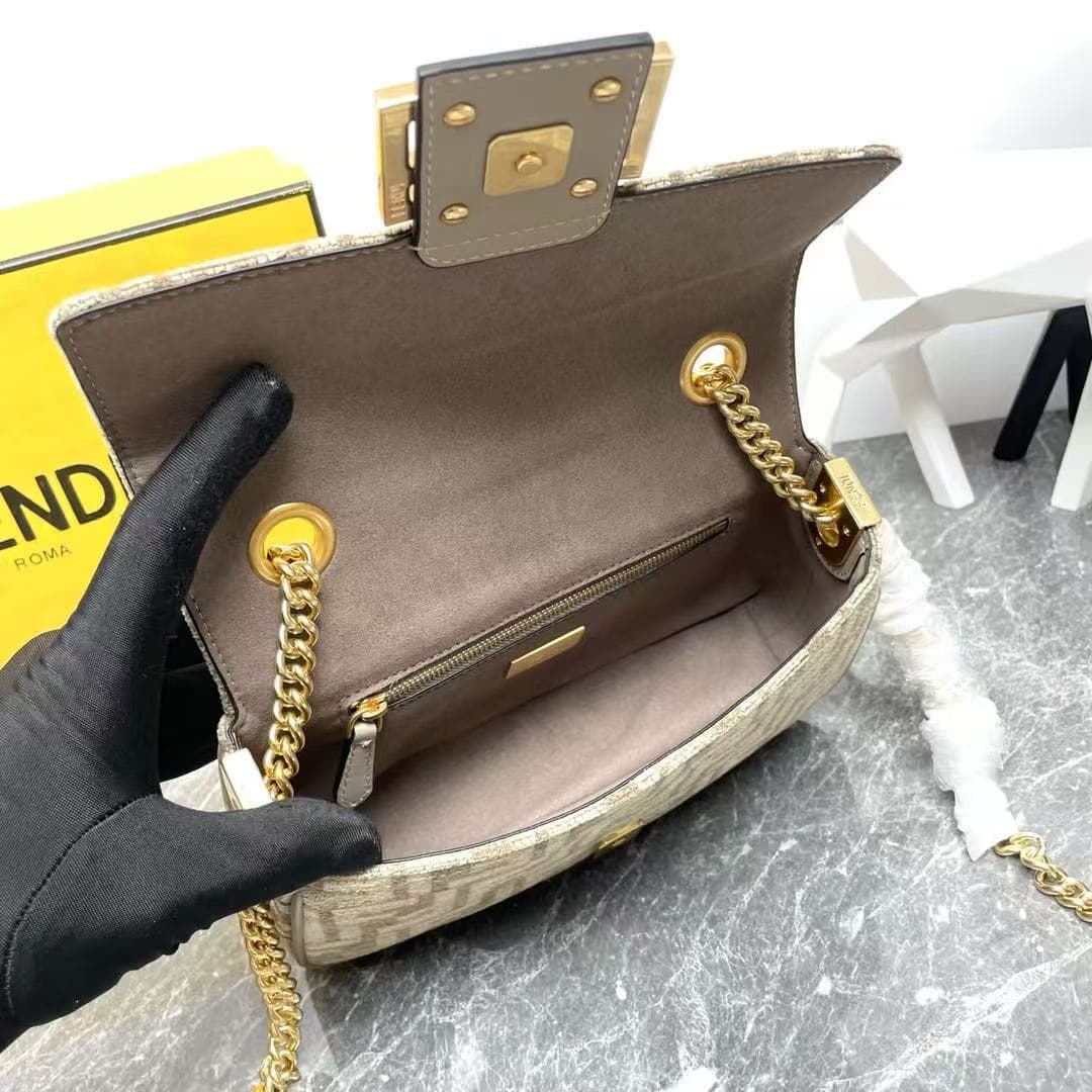Fendi Baguette Chain Midi Bag In Light Beige Denim-Effect FF Jacquard Fabric High