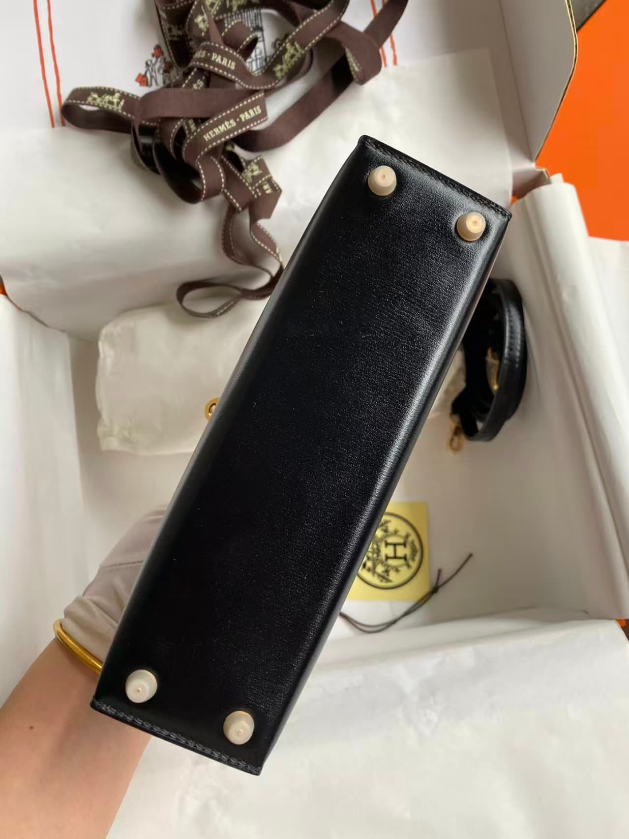 Hermes Kelly Mini II Bag Box Leather WAX Silver/Gold Metal Black High