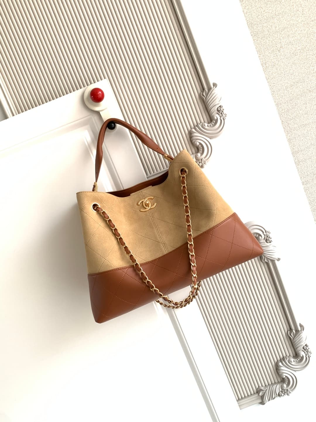 Chanel Small Shopping Bag Suede Calfskin Shiny Lambskin & Gold-Tone Metal AS5634 A