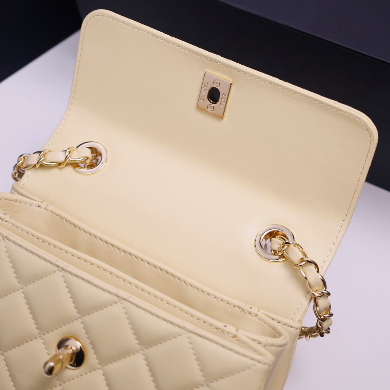 Chanel MINI FLAP BAG WITH TOP HANDLE AS4654 Lambskin &Gold-Tone Metal Light Yellow A