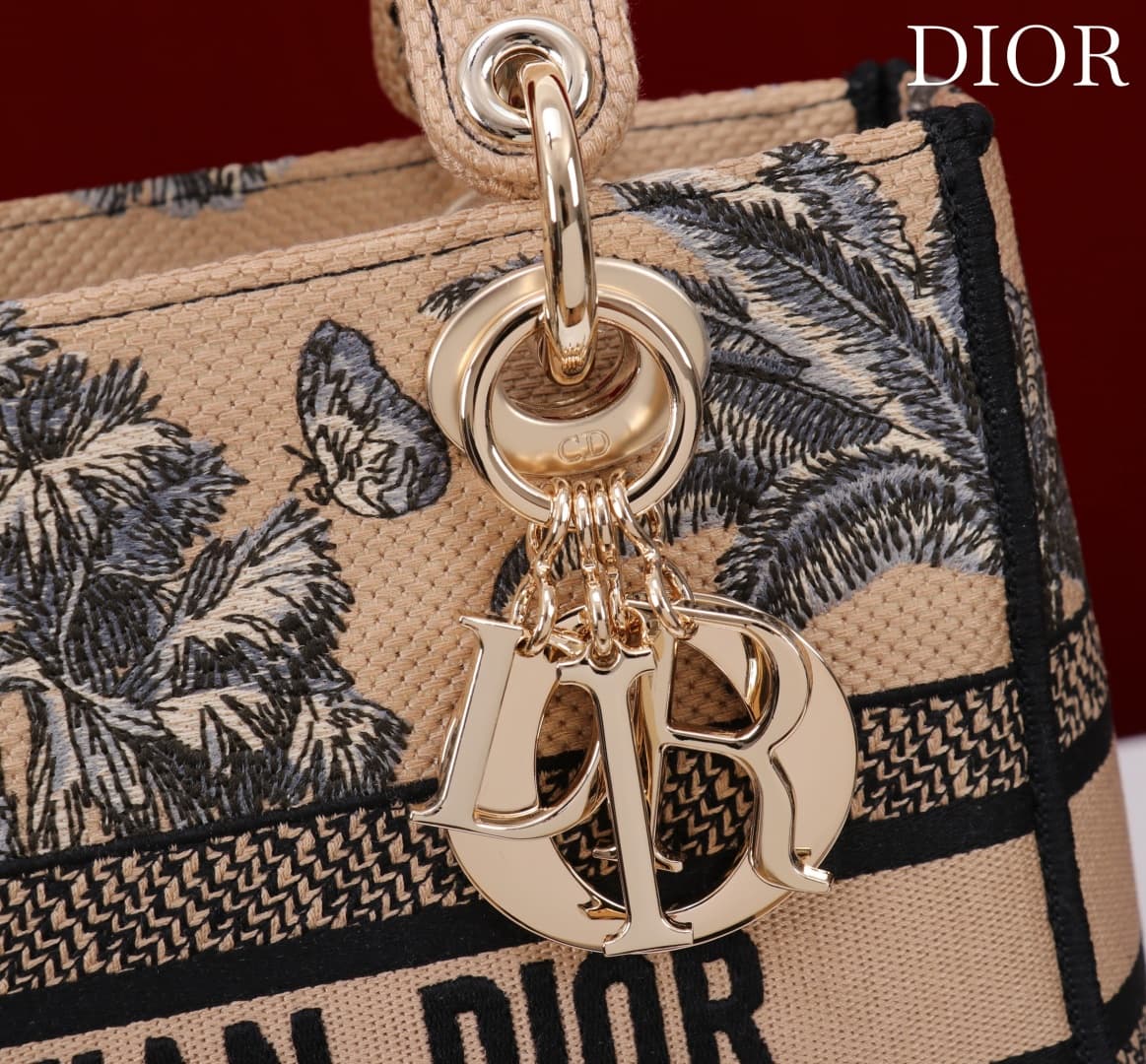 Medium Lady D-Lite Bag Beige and Black Toile de Jouy Palms Embroidery High