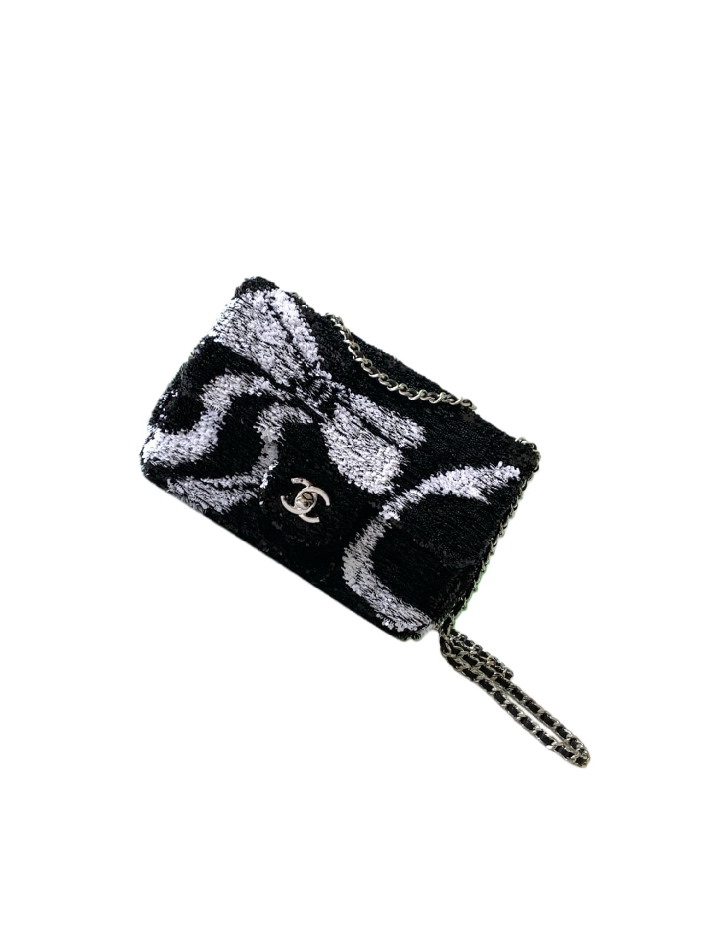 Chanel Classic Mini Flap Bag Sequins Embroidery & Gold-Tone Metal Black White 6171 A
