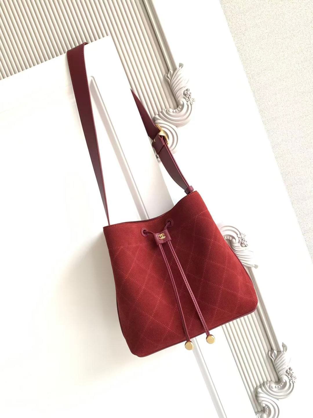 Chanel Small Bucket Bag Suede Calfskin & Gold-Tone Metal Burgundy AS6584 A
