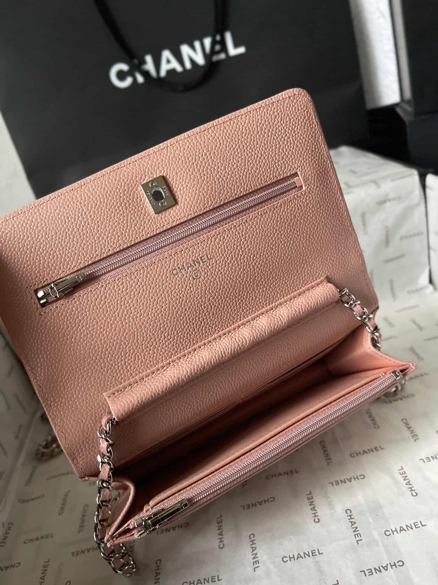 Chanel Classic Wallet on Chain Grained Shiny Calfskin & Silver-Tone Metal AP4241 Light Pink A