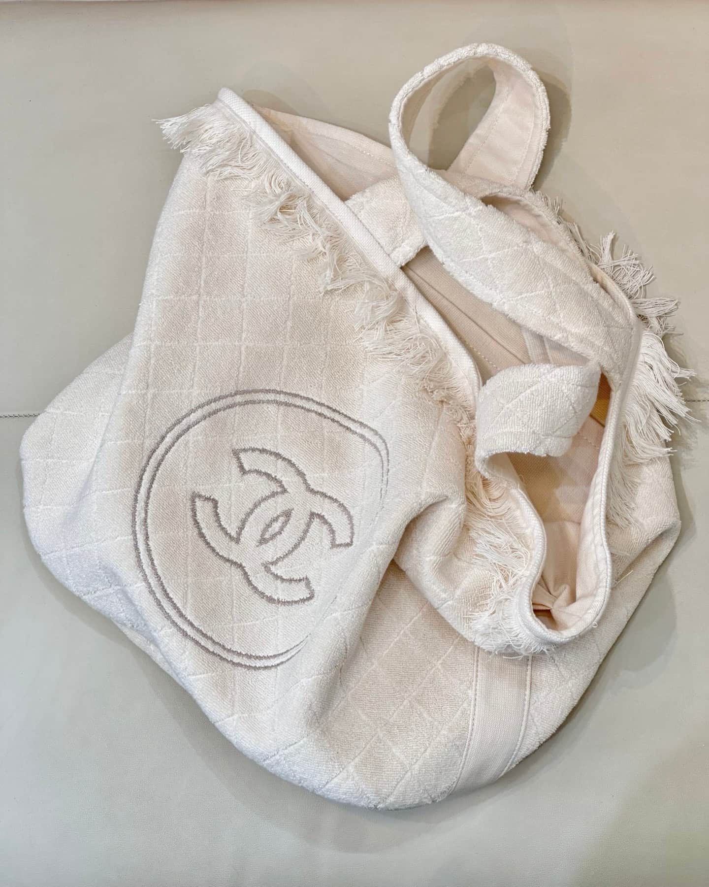 Chanel Beach Hobo Handbag Quilted White Terry Cloth TOP