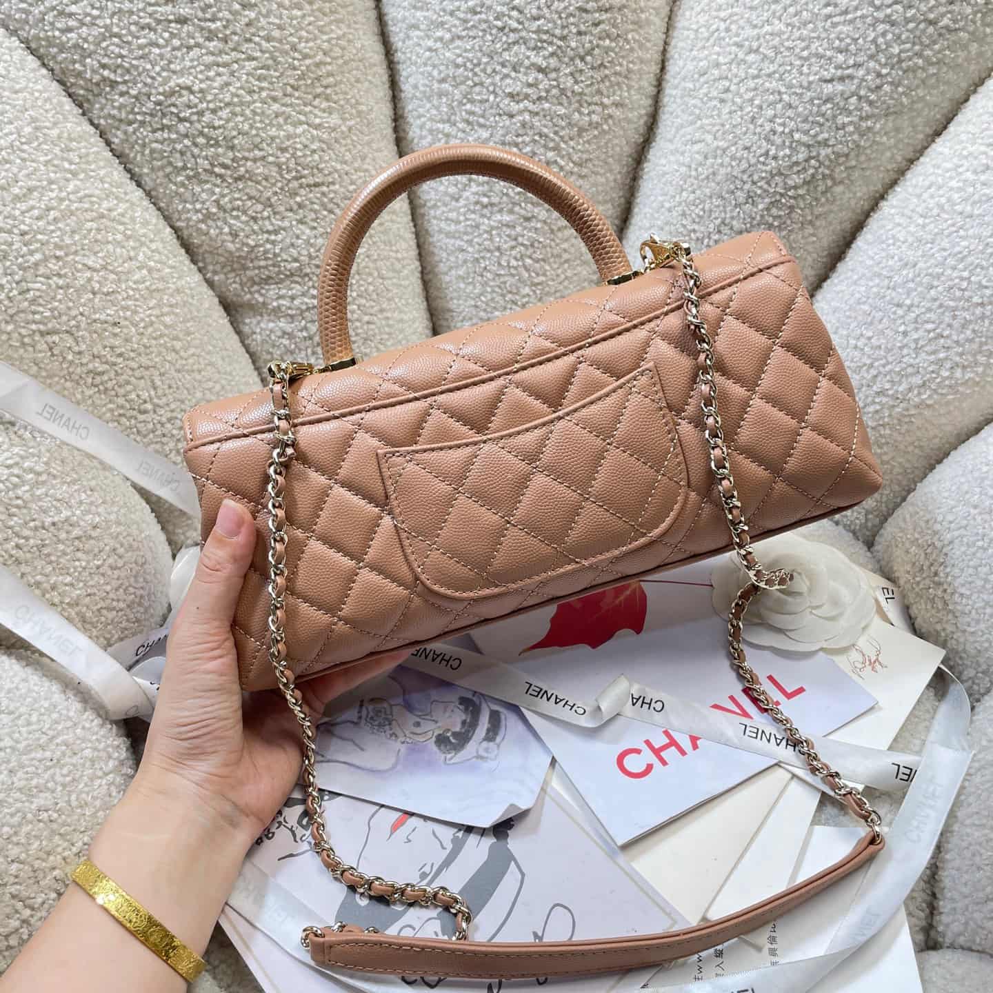 Chanel Maxi Flap Bag with Top Handle Grained Calfskin& Gold-Tone Metal AS6091 Caramel A
