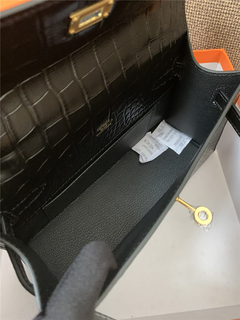 Hermes Kelly Pochette Bag Crocodile Silver/Gold Metal WAX Black High Customizing Style