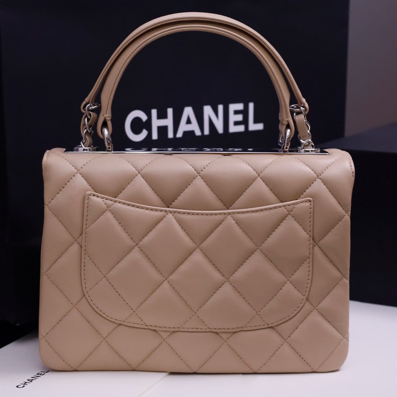 SMALL FLAP BAG WITH TOP HANDLE Lambskin Silver Metal Beige A