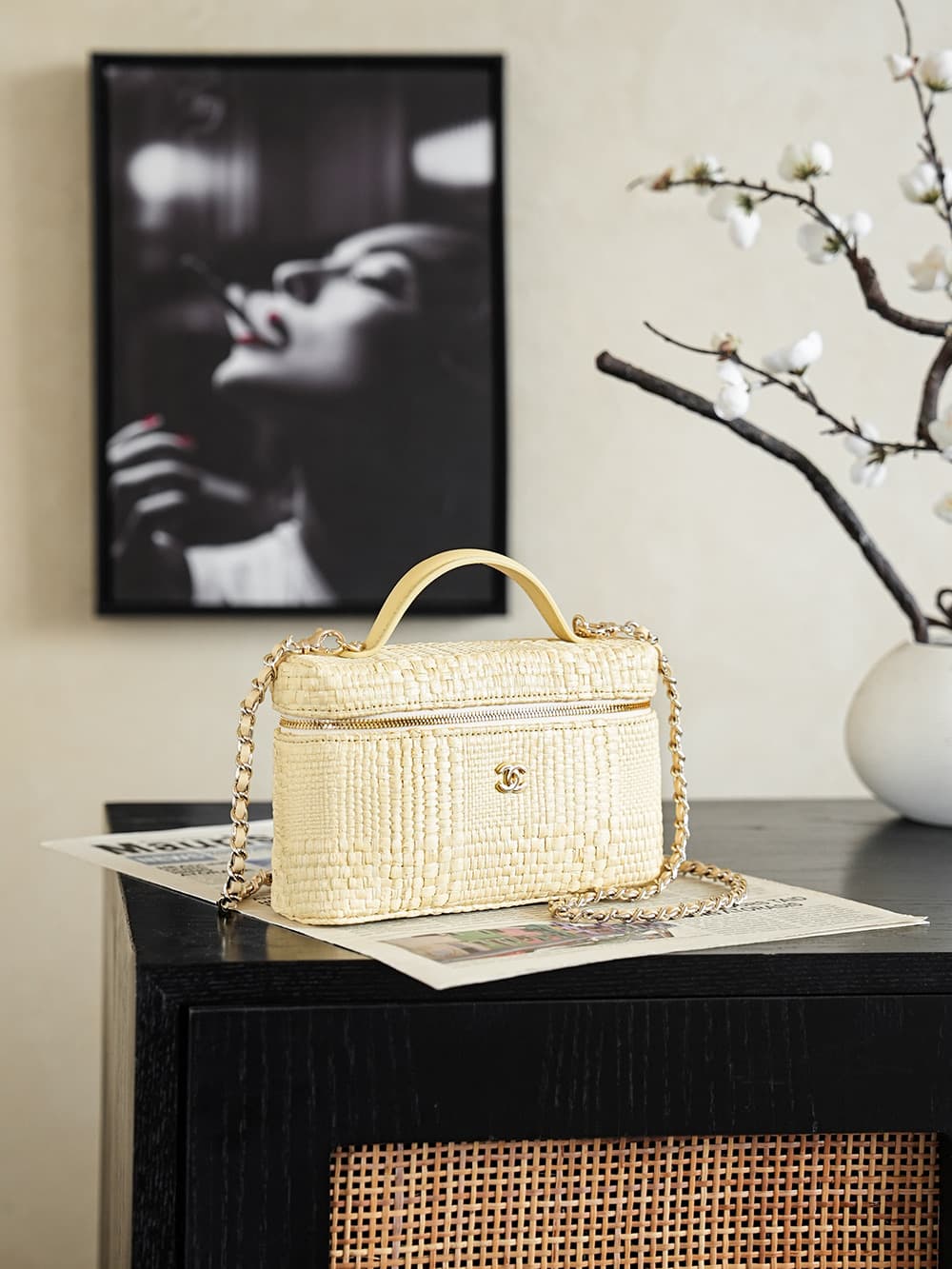 Chanel Classic Vanity with Chain Braided Raffia & Gold-Tone Metal Beige AP4385 A