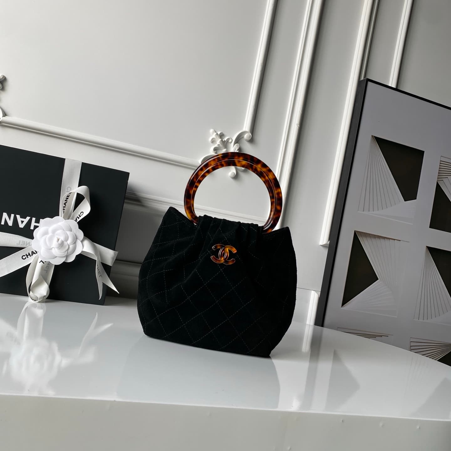 Chanel Small Hobo Bag Suede Calfskin Turtoise-Shell Effect Plexi & Gold-Tone Metal Black AS6022 High