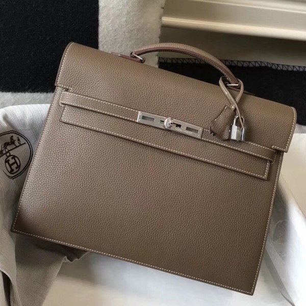Hermes Kelly Depeche 34 Briefcase In Etoupe Calfskin WAX High