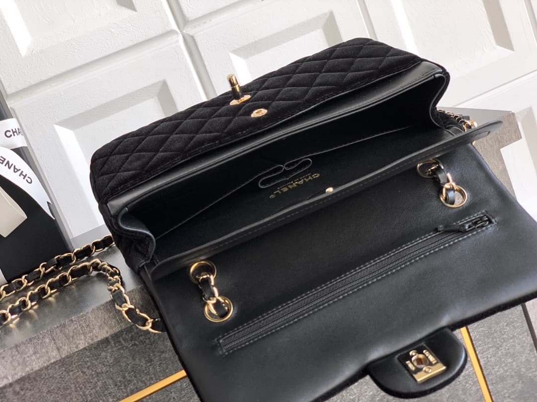Chanel Medium CLASSIC HANDBAG Velvet  & Gold-Tone Metal Black A