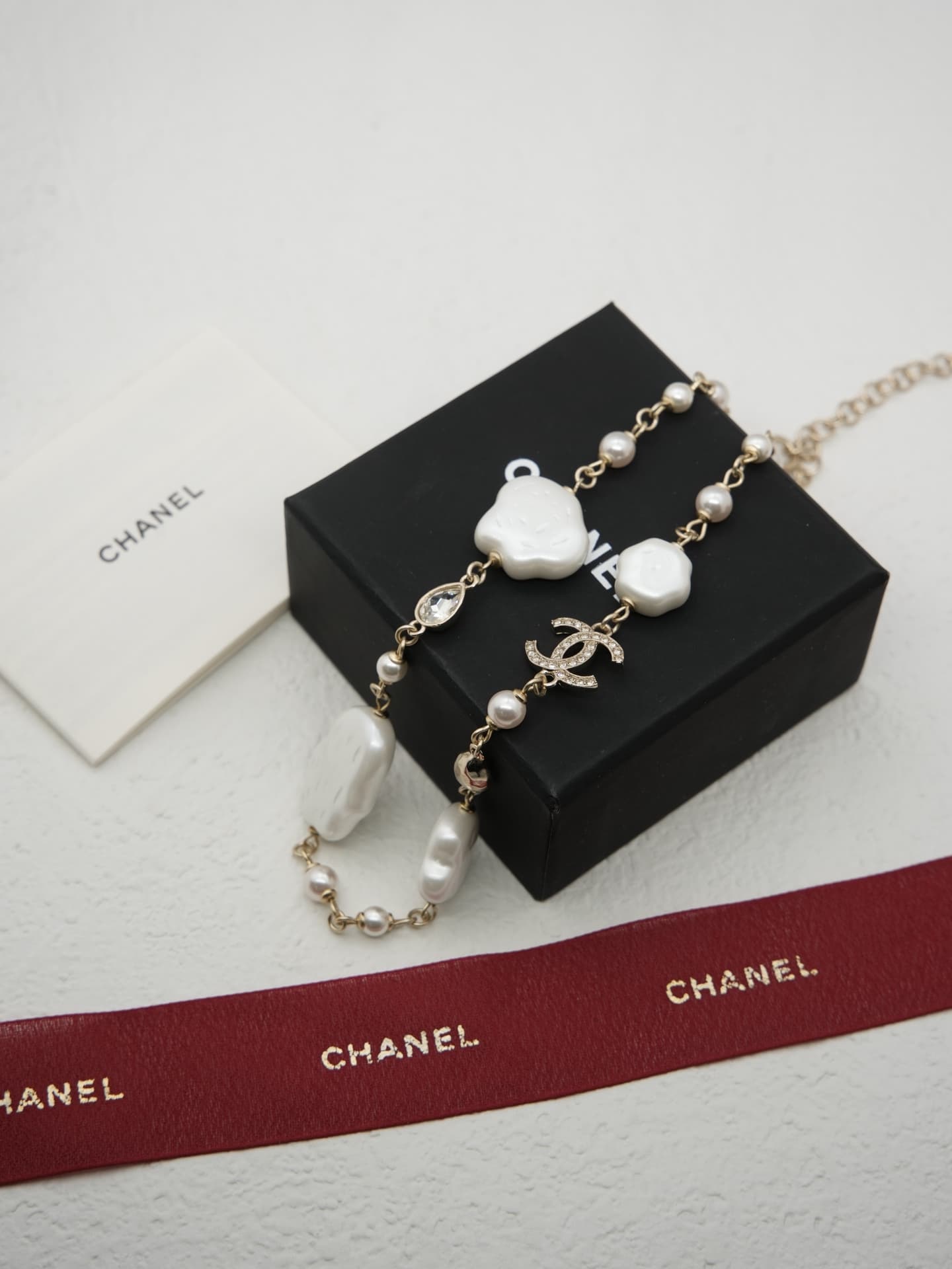 Chanel Pearl Crystal Camellia CC Necklace High