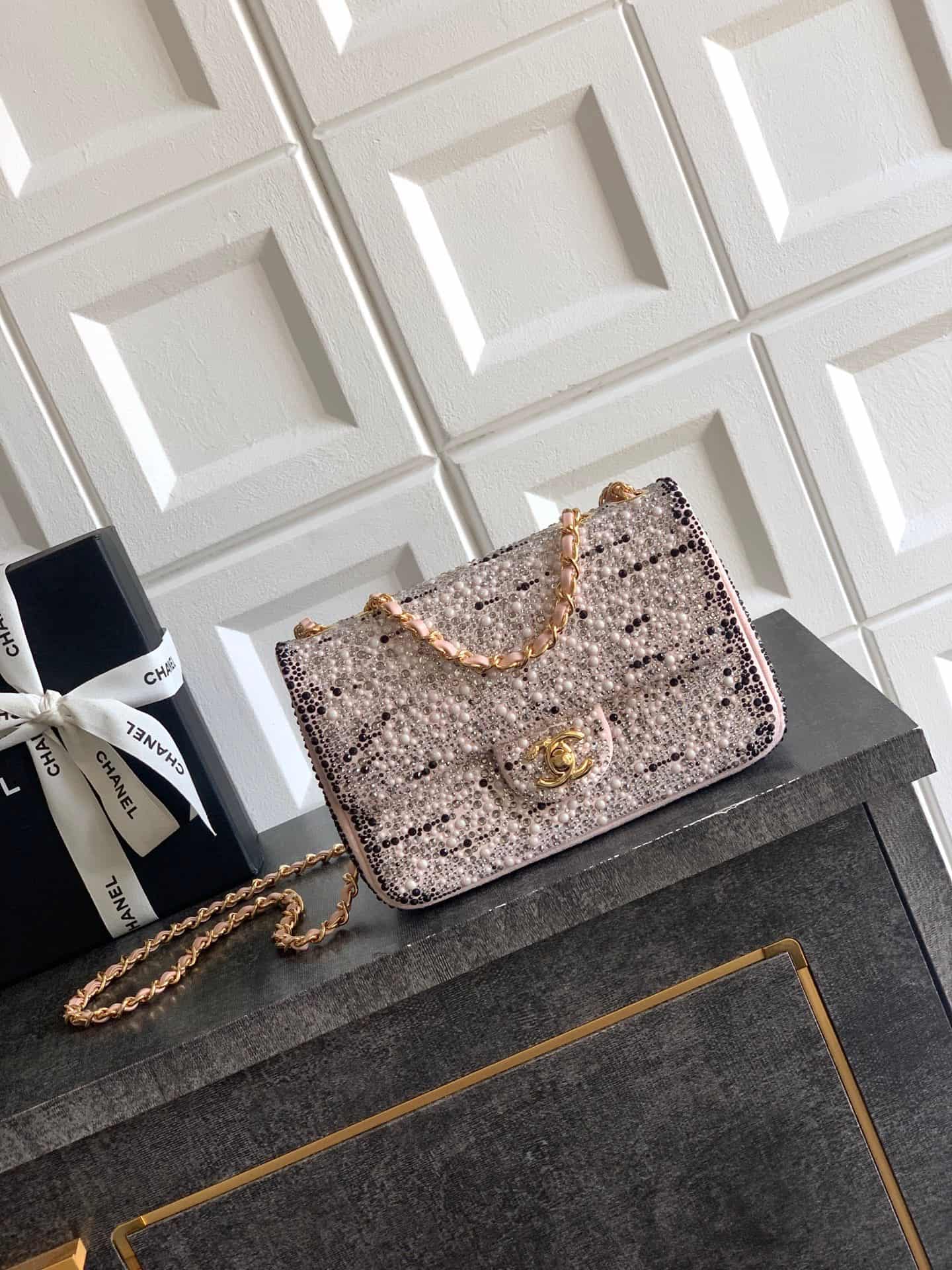 Chanel Classic Mini Flap Bag Strass Imitation Pearls & Gold-Tone Metal  Dark Pink 6171 A