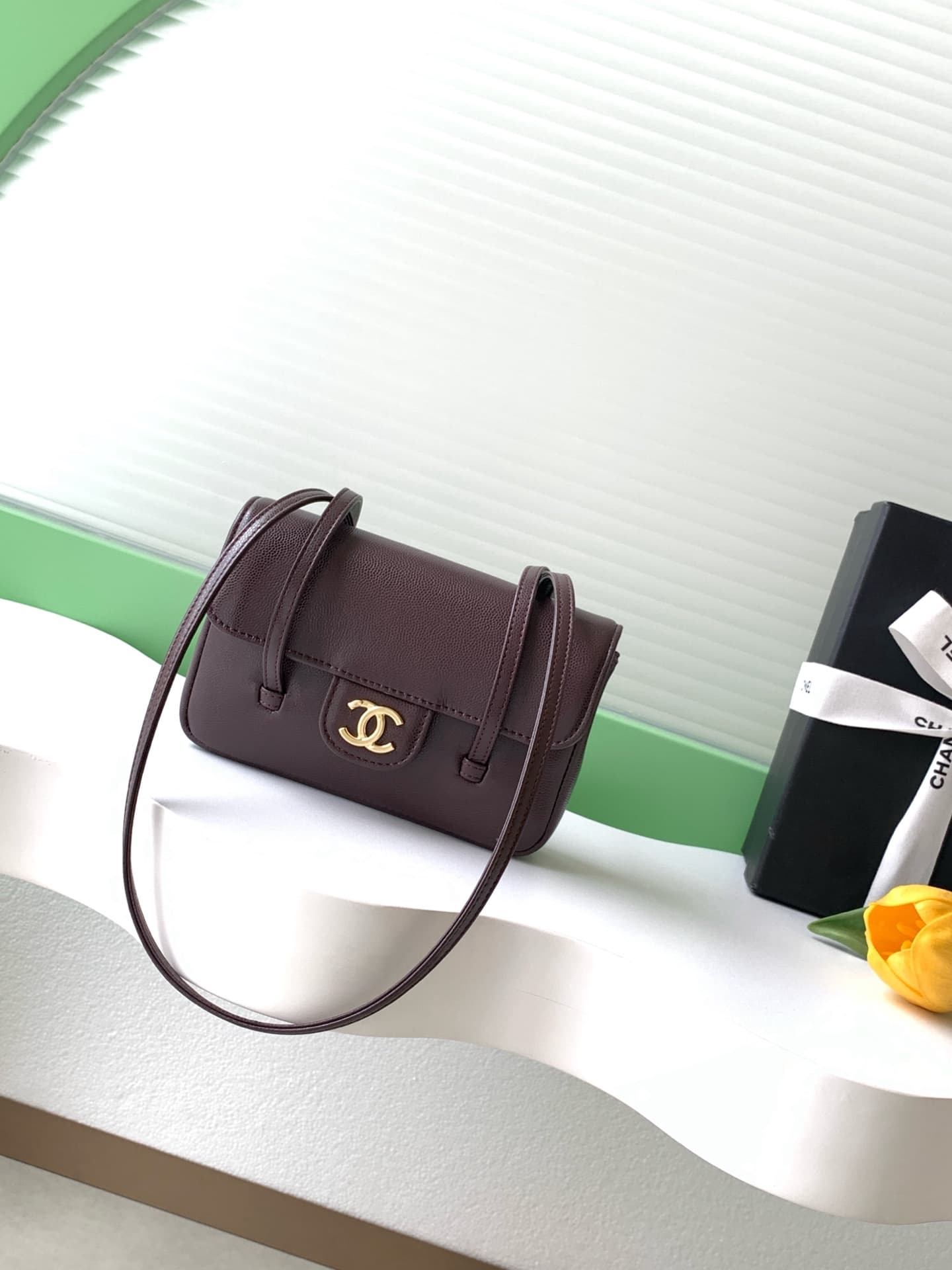 Chanel Clutch with Leather Strap Grained Shiny Calfskin & Gold-Tone Metal Dark brown AP5068 A