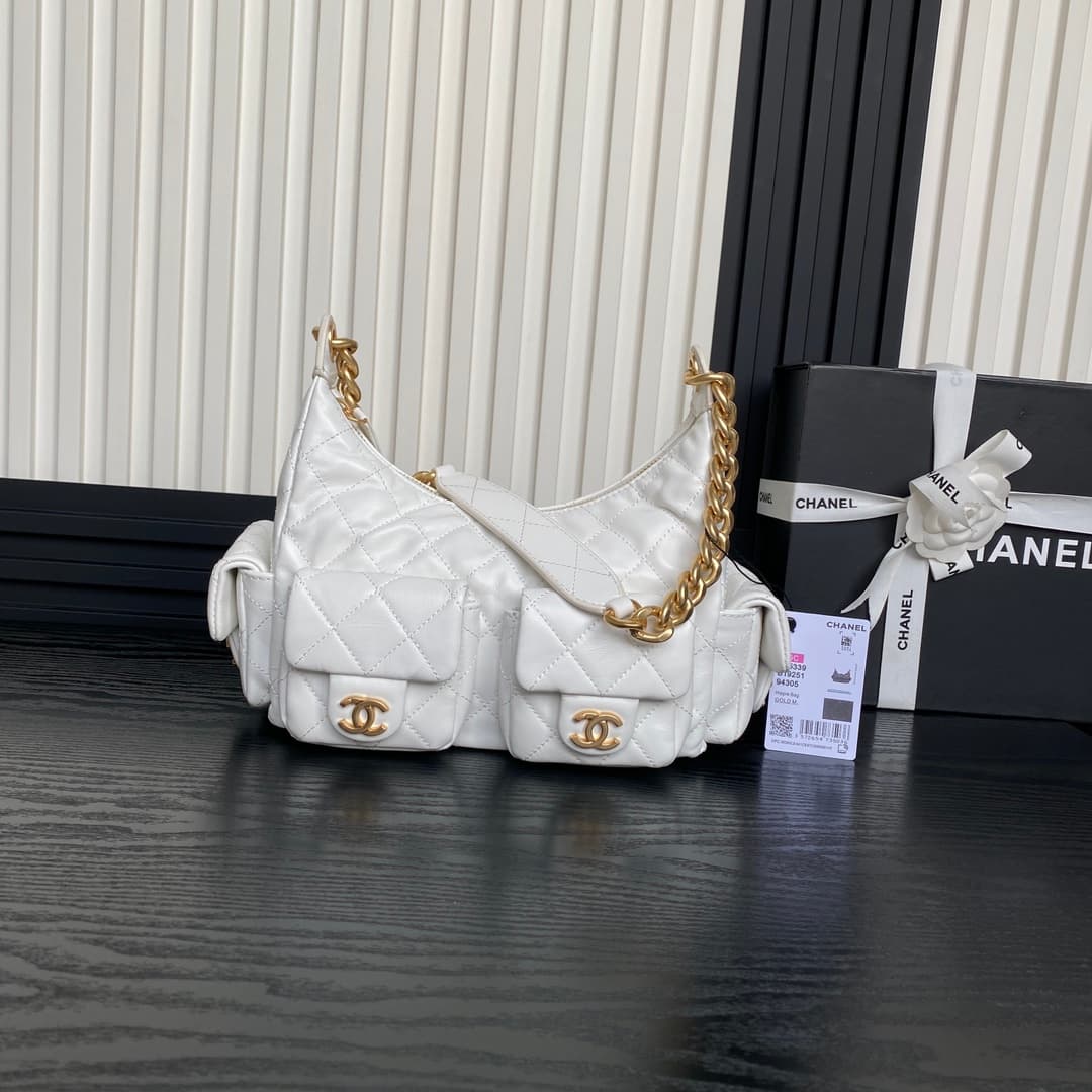 Chanel Trendy Pockets Hobo Bag Lambskin & Gold Metal White AS5339 A