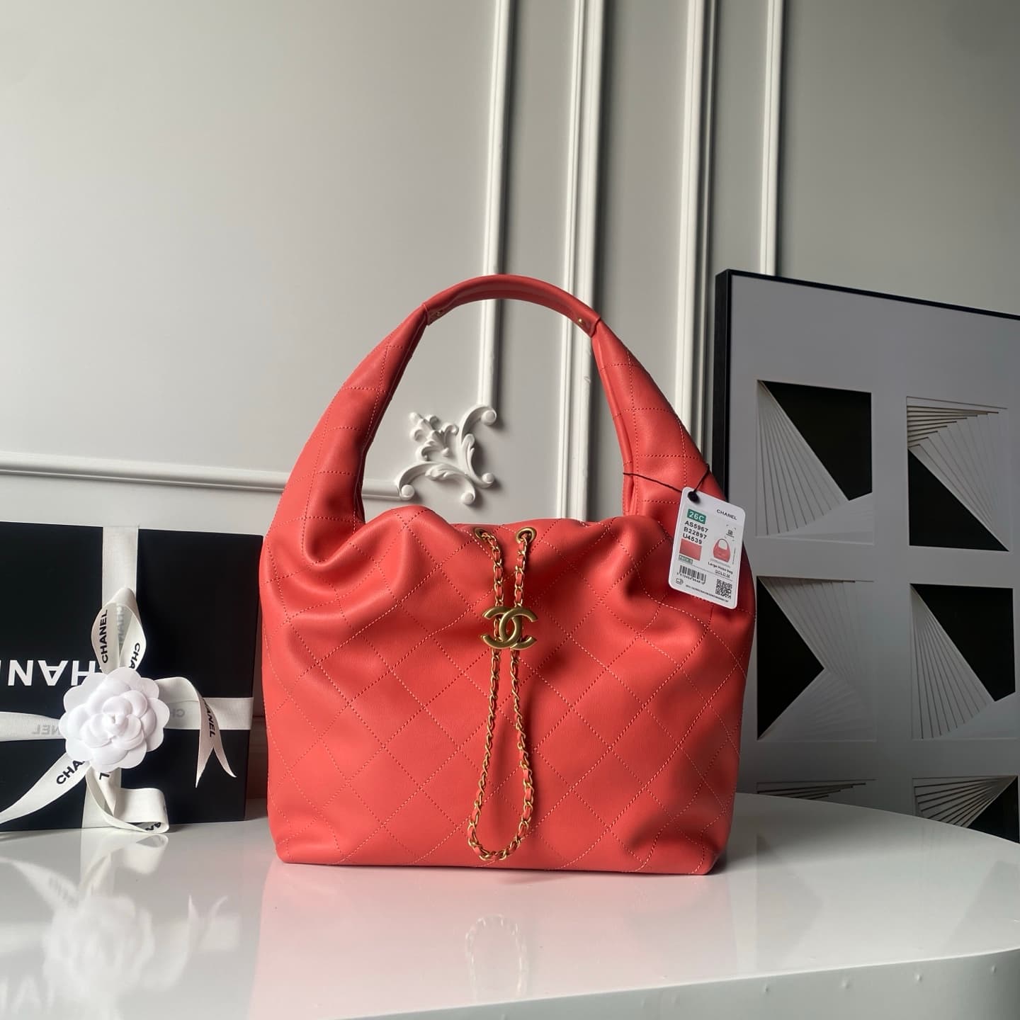 Chanel Hobo Handbag Calfskin & Gold-Tone Metal AS5967 Coral-Colored  A
