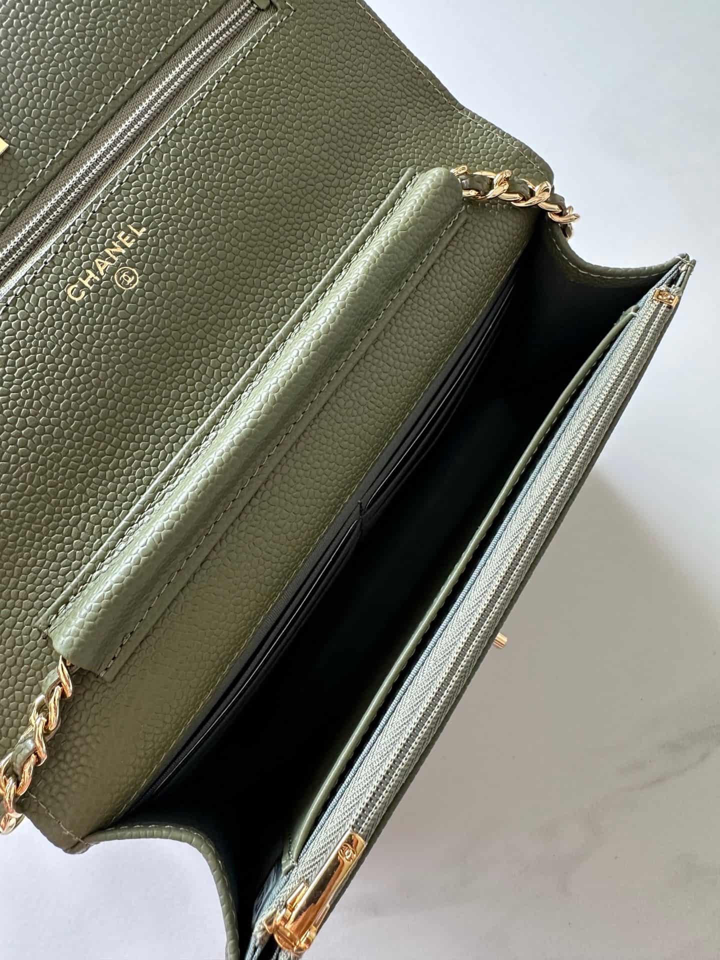 Chanel Classic Wallet on Chain Grained Shiny Calfskin & Gold-Tone Metal AP4241 Dark Green High