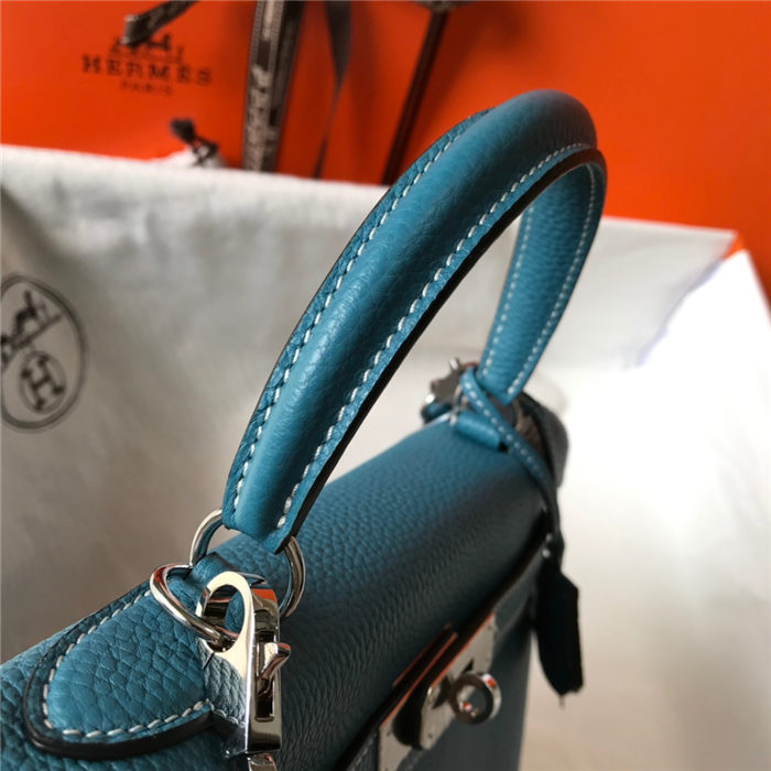 Hermes Kelly 25/28/32cm Retourne Bag Togo Leather In Agate Blue WAX High