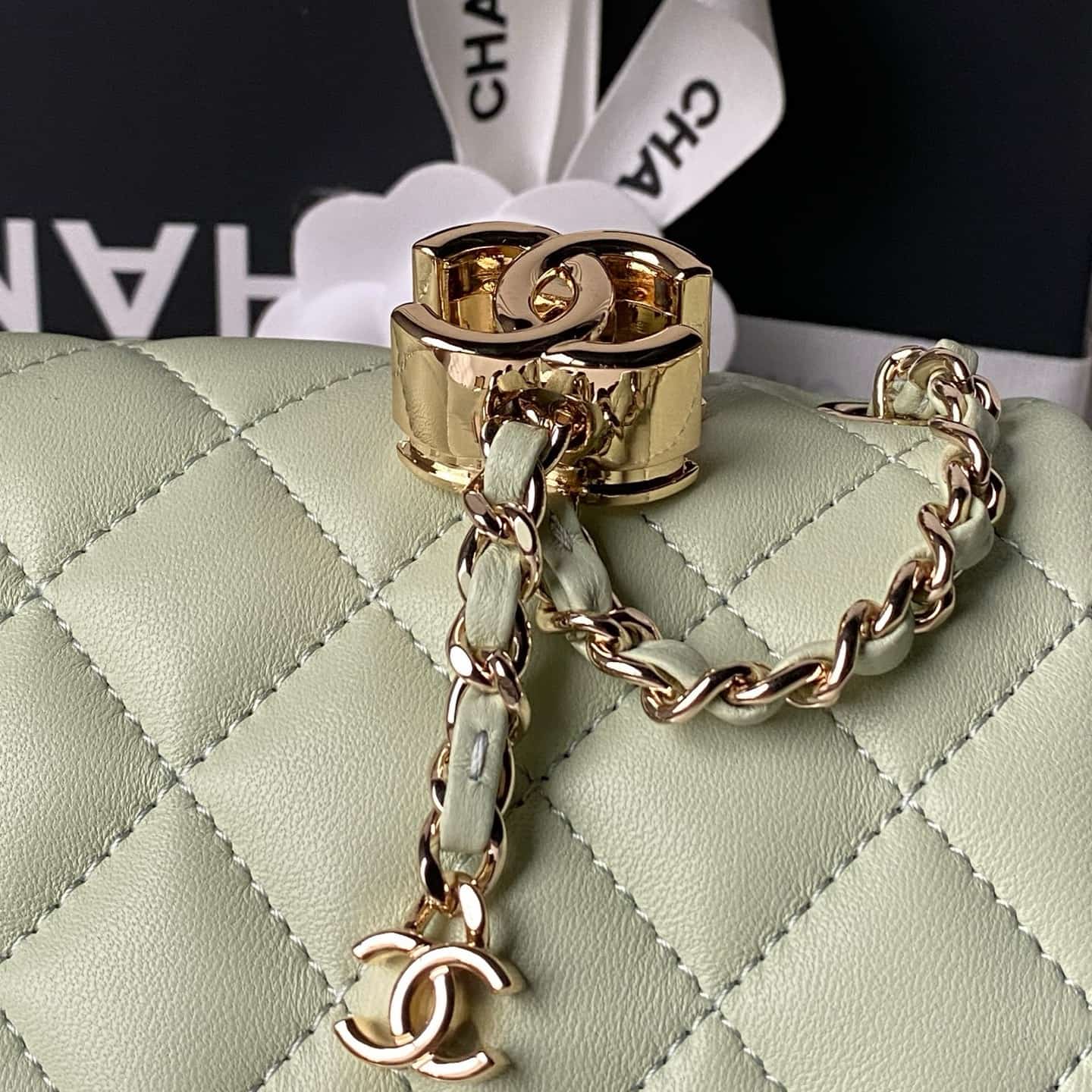 Chanel Mini Classic Flap Bag Lambskin & Gold-Tone Metal AS5758 Light Green High