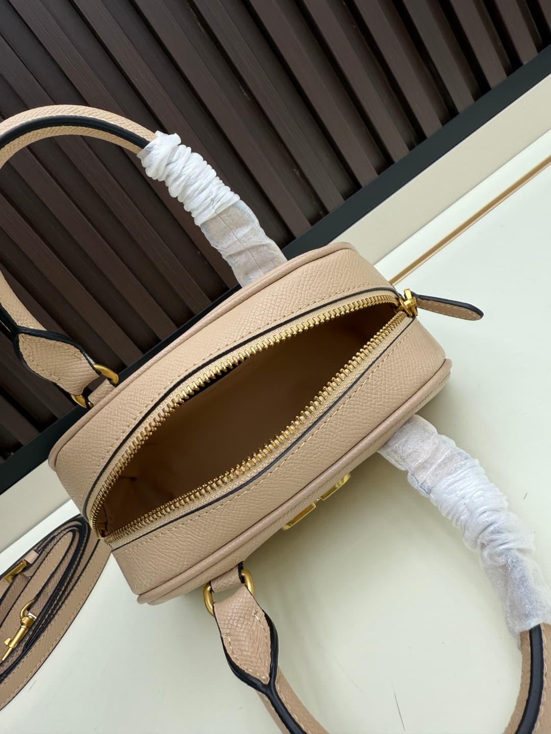 Valentino VLogo Signature Mini Bowling Bag in Grainy Calfskin Beige High