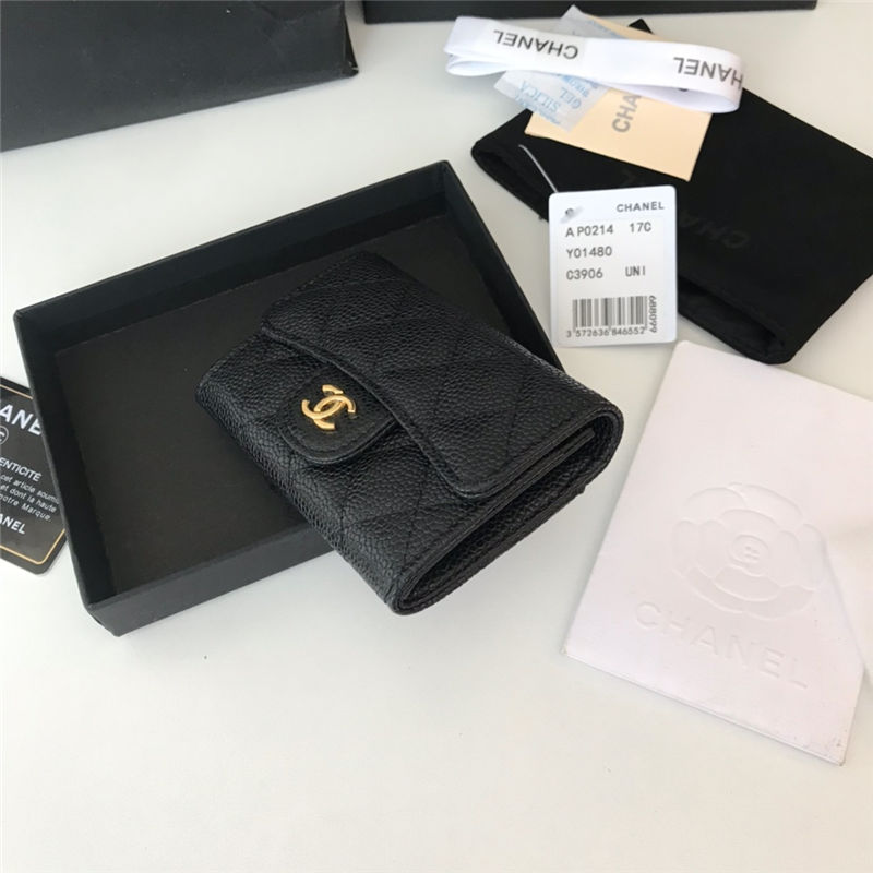 CLASSIC CARD HOLDER AP0214 Grained Calfskin Black Gold-Tone Metal High