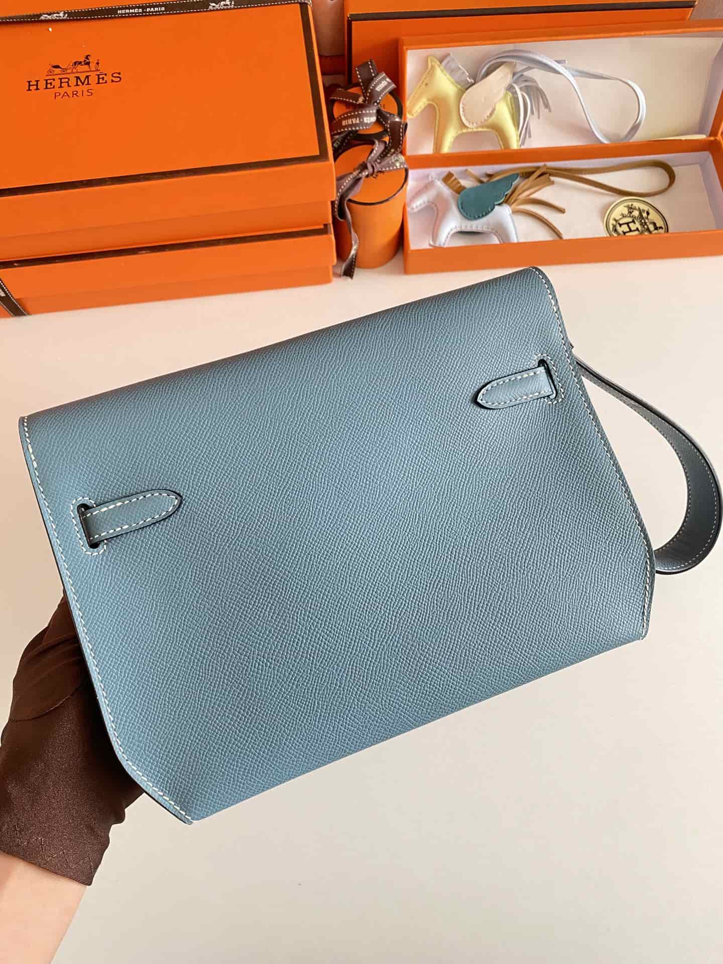 Hermes Kelly Depeches 25 Pouch Epsom Leather Denim Fonce WAX High