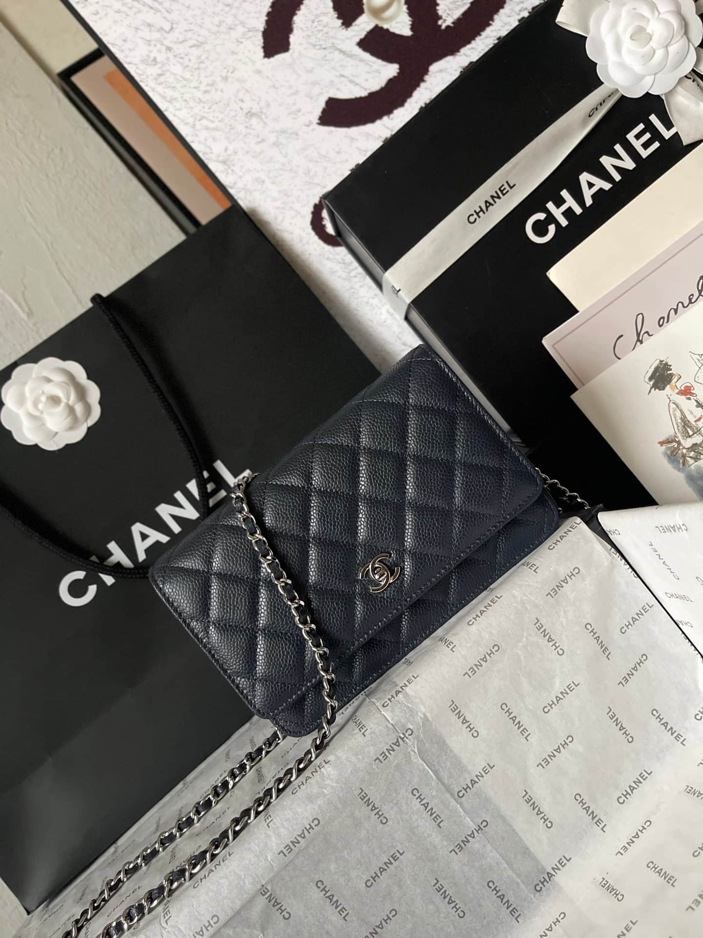 Chanel Classic Wallet on Chain Grained Shiny Calfskin & Silver-Tone Metal AP4241 Dark Blue A