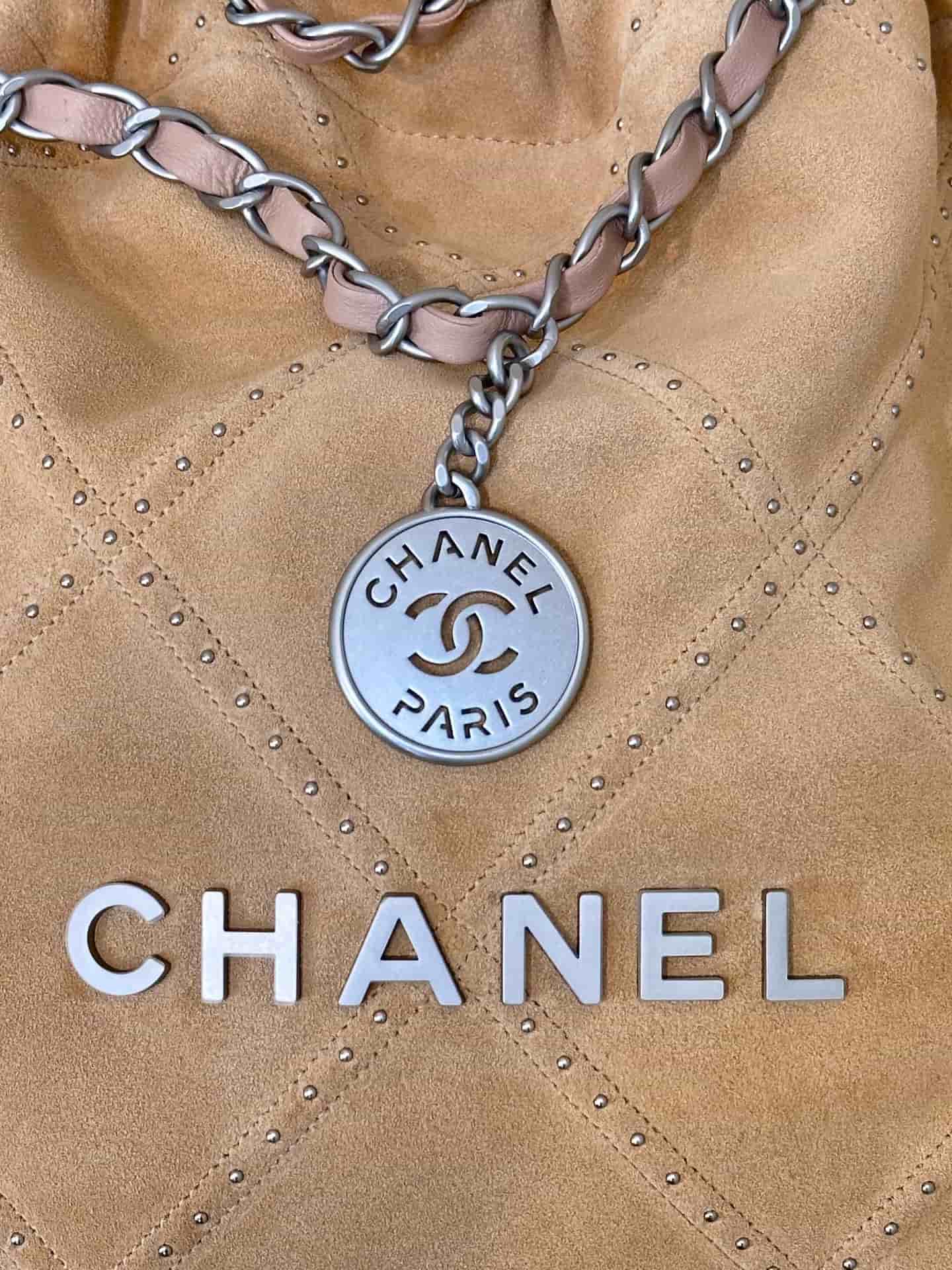 Chanel 22 Small handbag Suede calfskin studs & silver-tone metal AS3260 Beige TOP