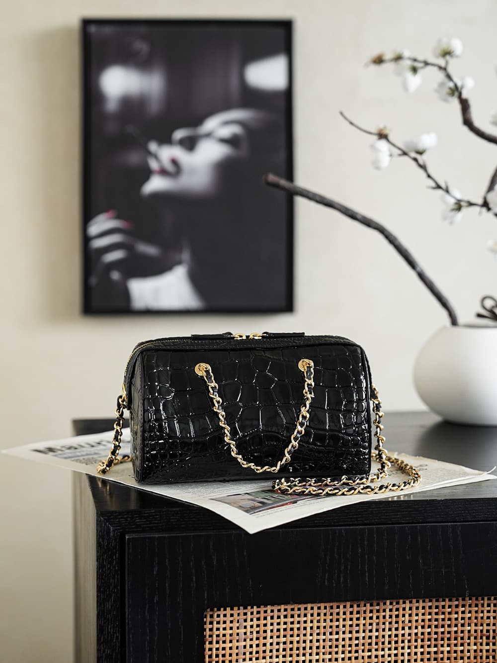 Chanel Mini Timeless Classic Barrel Bag crocodile-embossed calfskin& Gold-Tone Metal Black AP5390 A