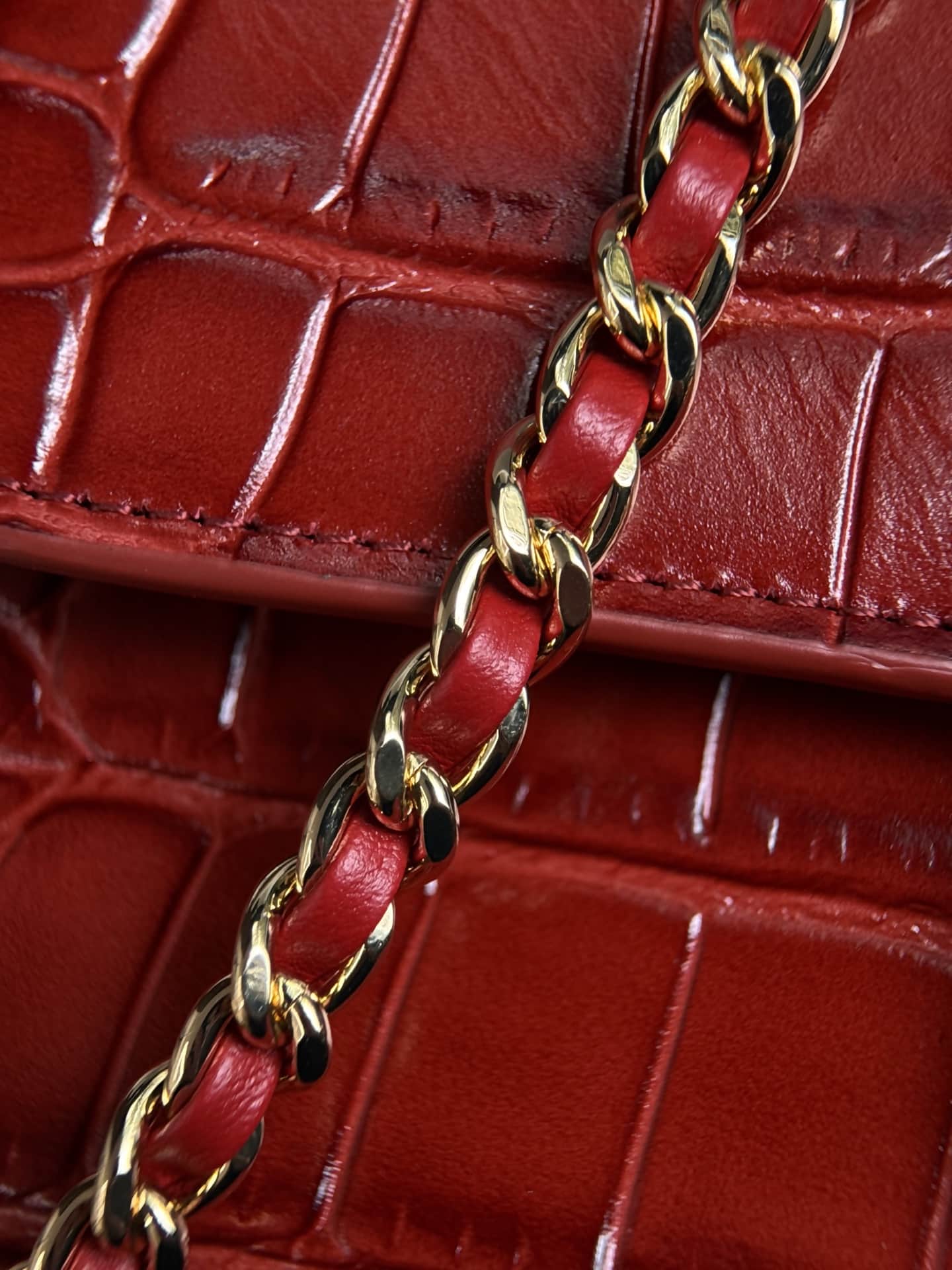Chanel Mini Flap Bag with Top Handle Crocodile Embossed Calfskin & Gold-Tone Metal Red AS6424 A