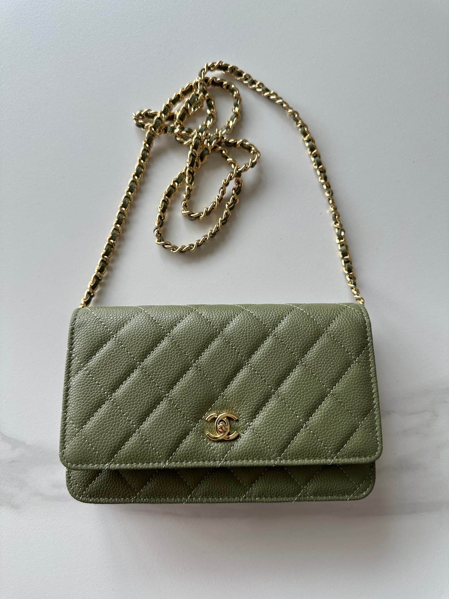 Chanel Classic Wallet on Chain Grained Shiny Calfskin & Gold-Tone Metal AP4241 Dark Green High