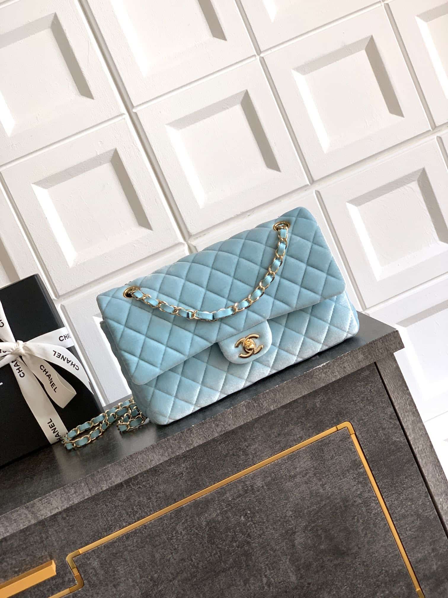 Chanel Medium CLASSIC HANDBAG Velvet  & Gold-Tone Metal Light Blue A